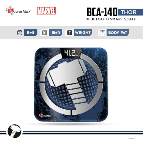 Image of Powermax BCA-140 THOR BMI Weight Machine for Body Weight, Digital Body Fat Analyzer & Smart Body Composition Weighing Scale, 13 Body Parameters, IOS /Android App Sync, 30 x 30 x 2.3cm