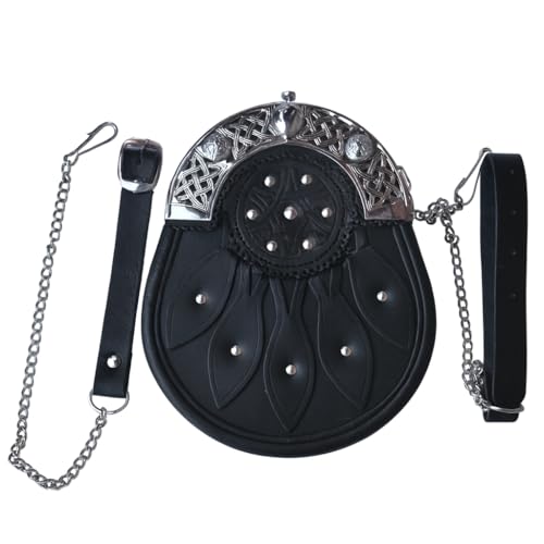 Sporran escocés de piel lujoso completo, color negro, con tachuelas, basto de latón cromado