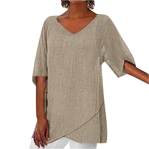 Women s Linen Shirts 3 4 Ruffle Sleeve Loose Breathable Tunic Blouses Casual V Neck Summer Tops