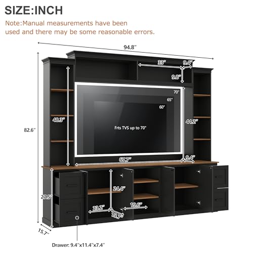 Image of 94.8 inchL Large Entertainment Center with Bookshelves and Drawers for TVs Up to 70'', Wall Unit Entertainment Center with Adjustable Shelves and Cabinet, Minimalist TV Stands for Living Room Black