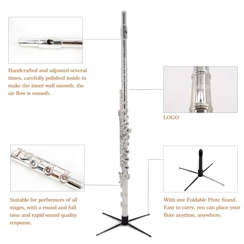 Image of YANASON C Flute Open Hole 17 Keys Flute Silver-plated for Beginner, Professionals and Musicians with Leather case, Metal stand, Gloves, Tuning Rod, Cleaning kit(17 Silver)