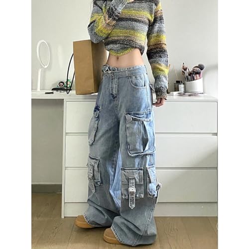 Women's Workwear Jeans with Multiple Pockets, high Waist, Loose Y2K Drop Feeling Pants, Gothic Wide Leg Pants3