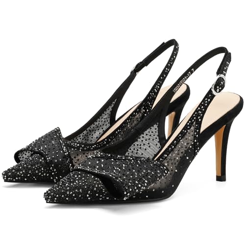 Image of Women's Slingback Heels with Bow Leather Pointed Toe Pumps with Elasticated Strap 3.3 inch High Heels Evening Comfy Dress Shoes