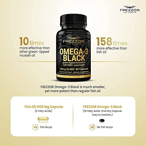 FREZZOR Omega 3 Black for Joint Care & Comfort - New Zealand Green Lipped Mussel Oil Capsules; 53x Higher Potency with UAF1000+ Super Antioxidant, No Fishy Aftertaste, 60 Count (Pack of 3) - Image 5