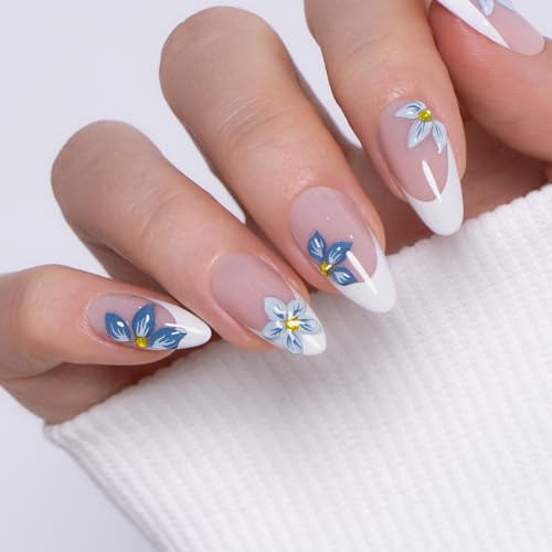 CurvLife Medium Almond French Tip Press On Nails, Azure White, Soft Gel