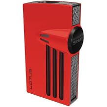 Lotus Orion Cigar Lighter with Double Torch Flames, Single Action Ignition, All Metal Housing, Integrated Cigar Punch Red Polished & Black Matte