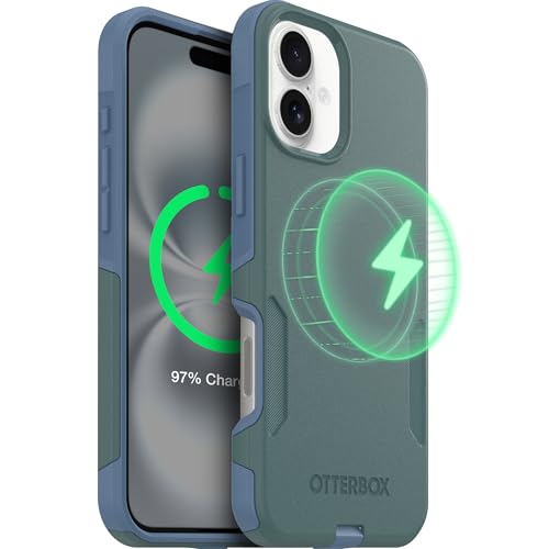 Image of OtterBox iPhone 16 Plus (Only) - Commuter Series Case - Built-in MagSafe - Thin, Dual-Layer, Pocket-Friendly, Port Cover - Saltwater Breeze (Sage /Blue)