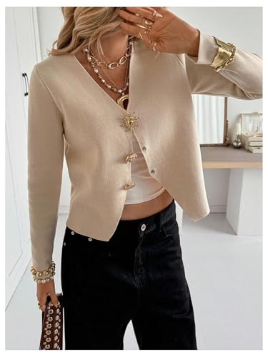 Image of MakeMeChic Women's Metal Button Down Cardigan V Neck Long Sleeve Lightweight Sweater