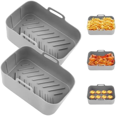 Reusable Air Fryer Silicone Pot - 2 Pack Easy Cleaning Air Fryer Pan Food-Grade Replacement Air Fryer Basket with 7.67" Oven Silicone Rectangle Liners for Ninja Foodi Dual DZ201 8QT or Bigger 丨 Grey