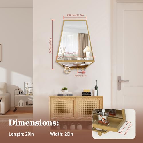 Image of BEAUTME 26x20 inch Bathroom Mirror with Shelf, Irregular Hexagonal Metal Wall Mirrors with Hooks, Bathroom Vanity Mirror Farmhouse, Wall Mounted Mirror Decor for Living Room Bedroom Entryway (Gold)