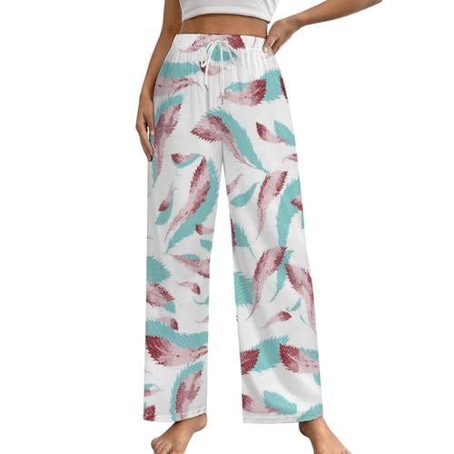 Pantalon pyjama femme plumes rouges bleues bas nuit fluide avec poches S