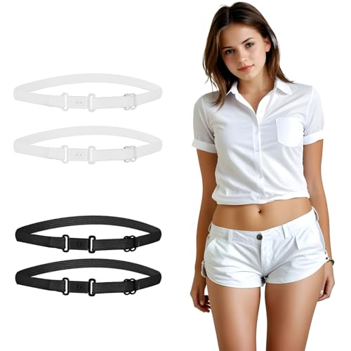 Women's Invisible Shirt Tuck Belt (4 Pack) - Adjustable No Slip Elastic Band, Stays Hidden Under Tops & Dresses for Effortless Style, Black + White