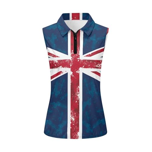 Darisoco UK Flag Women's Sleeveless Golf Shirts Quarter Zip Workout Tank Top Moisture Wicking Clothes Quick Dry Tummy Control Tee