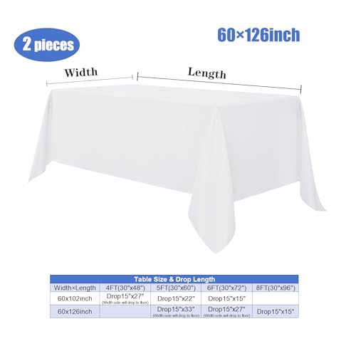 Nesthaven 2-Pack Extra Long White Table Cloth 60x126 Inch - Premium 220GSM Polyester, Wrinkle Resistant Polyester Fabric Tablecloth Bulk for Hotel & Event Decor, Hemmed Edges