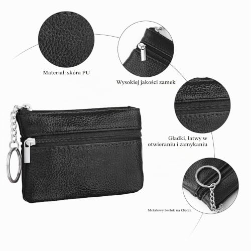 Aucuu Portmonetka skórzany portfel z zamkiem błyskawicznym etui na klucze damski mini portfel, z 3 przegródkami i brelokiem, mały i lekki, łatwy do przenoszenia, 12 x 8 cm, #1 czarny z pojedynczym