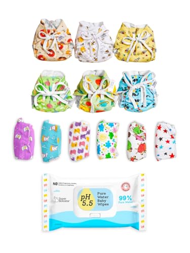 Image of SuperBottoms DryFeel Langots for Newborn Baby (5-10kg) | Reusable Cotton Baby Cloth Nappies with 99% Pure Water Baby Wipes (40 Wipes), Gentle & Alcohol-Free