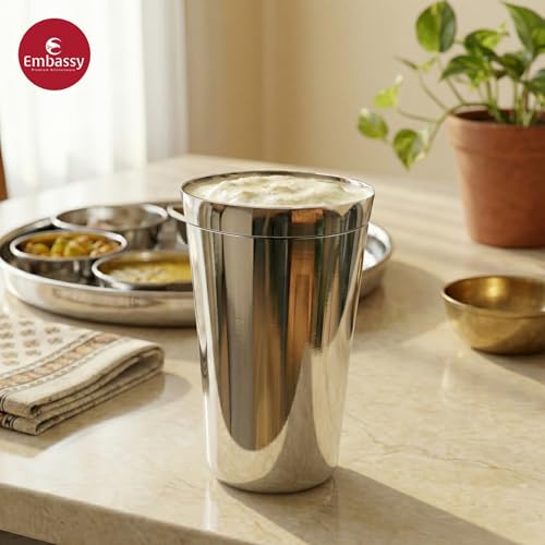 Image of EMBASSY Stainless Steel Plain Lassi Glass | Pack of 2 | 700 ml per Glass | Ideal Glass for Lassi, Smoothies, Juices, Shakes, Water, Milk and Other Beverages.