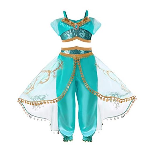HOOPERT Niña Aladdin Princesa Jasmine Disfraz Tops Pantalones Manga Corta Traje Cosplay Actuación Carnaval Navidad Regalo Cumpleaños Danza Vientre Vestido de Princesa 3-10Años