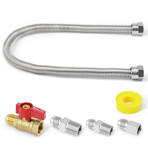 Hipoilk One Stop Gas Appliance Hook Up Kit, 22" Stainless Steel Flexible Gas Line Hose with Brass Gas Ball Valve & Fittings for Mr. Heater, Gas Stoves, Wall Mounted Heaters, Gas Fireplace & Gas Dryer