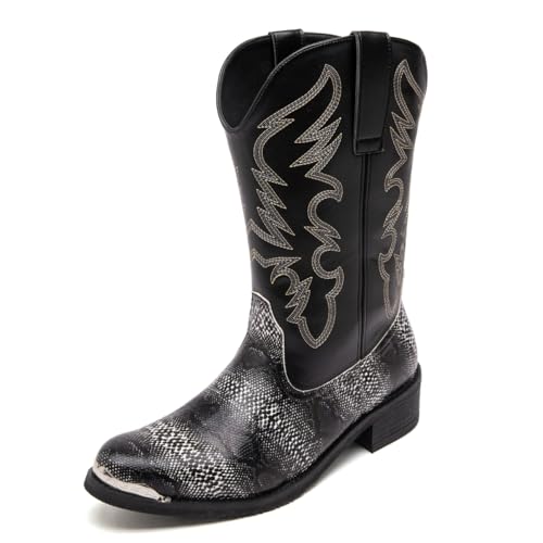 Image of Men's cowboy boots round toe boots embroidered with traditional Western country artificial snakeskin pattern