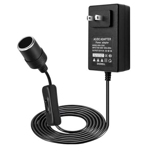 EAGWELL 12V Car Power Adapter with ON/Off Switch Female Car Cigarette Lighter Socket, AC 100-240V to DC 12V Power Supply Adapter Transformer for Car Air Fan Car Air Purifier Car MP3 Player Cover