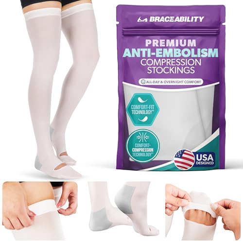 BraceAbility Anti Embolism Compression Stockings - Thigh High Medical TED Hose 15-20 mmHg with Top Toe Inspection Hole for Men, Women, Post Surgery Recovery, Varicose Veins, DVT Prevention (M)