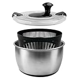 Chiluxendo Essoreuse à Salade INOX avec Couvercle, Panier a Salade Essoreuse avec Entraînement par Manivelle, Séchoir à Laitue avec Base Antidérapante pour Laver, Essorer et Servir(5L, ø 24.5cm)