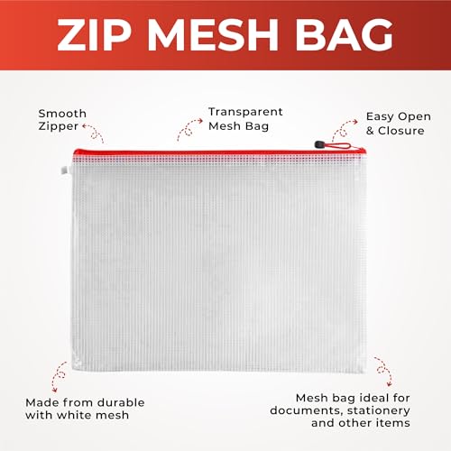 Pack of 3 Red Zip Assorted Sizes Strong Mesh Bags - A3, A4, A5 - Tough Waterproof Storage - Image 3