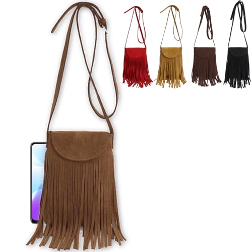 Crossbody Bag for Phone Faux Suede Tassel Style Mini Casual Shoulder Bag Small Change Purse Travel Daypacks