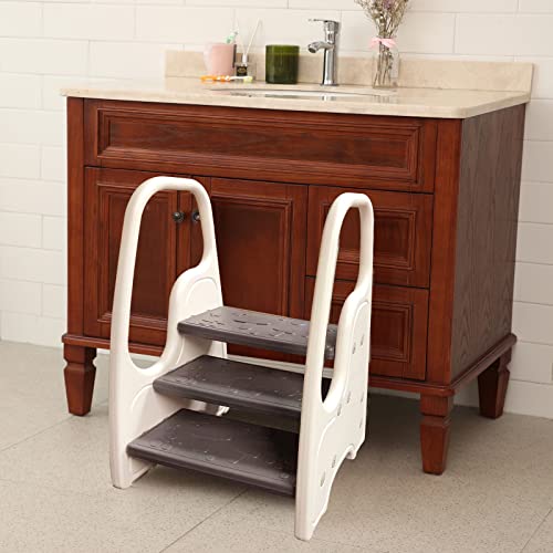 Image of 3 Step Stool for Toddler,Kids Three Step Stool for Bathroom Sink or Kitchen Counter Standing Tower, Children Step Up Learning Helper with Safety Handles and Non-Slip Pads,Blue