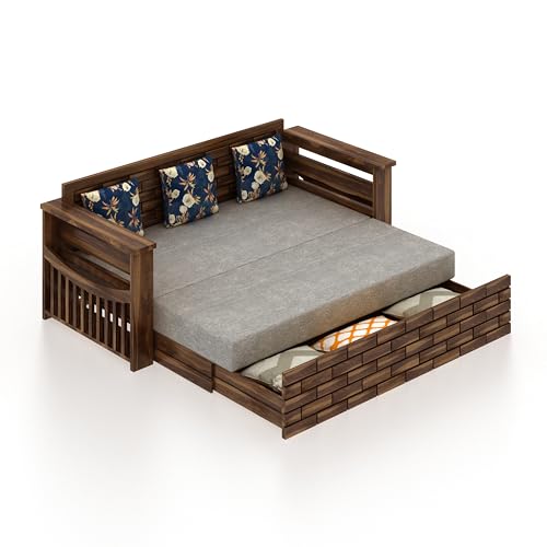 Image of Ganpati Arts Solid Sheesham Wood 3 Seater Italian Sofa Cum Bed with Storage and Side Pockets for Living Room Wooden Sofa Bed for Home - Teak Finish 1 Year Warranty