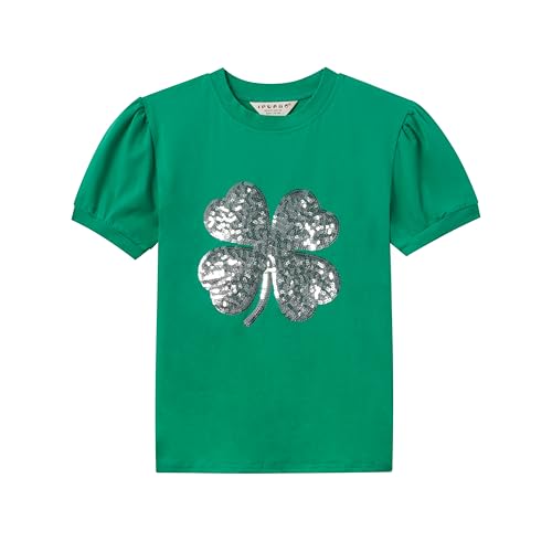 Image of Girls' St. Patrick's Day T-Shirt, Pink with Green Sequin Shamrock, Short Sleeve