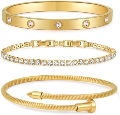 Gold Plated Bangle Bracelets for Women Stackable 18K Gold Plated Stainless Steel Love Bracelet Set Nail Cuff Bangle Set for Love Jewelry Adjustable Tennis Bracelet Non Tarnish Gift Jewelry