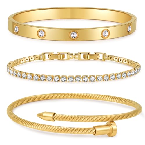 Shengkeao Gold Bracelets for Women 18K Gold Plated Love Bangles Bracelets Set Flexible Wide Wristband Bangle Set for Love Jewelry, 7.5 Inches, Stainless Steel, Cubic Zirconia