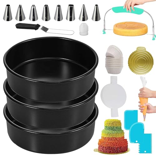 RFAQK 133PCs Round Cake Pans Sets for Baking + Cake Decorating Kit with NonStick 8 Inch Cake Pan Set of 3 -Icing Tips,Cake Leveler,Spatula, Multifunctional Cake Pan, Baking Supplies Gift & eBook