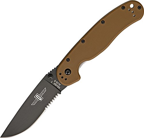 Ontario Knife Company Rat I, Black Coated AUS-8 Stainless Steel Half Serrated Folding Pocket Knife, Coyote Brown Nylon Handle Liner Lock Knife, Everyday Carry Knife – ON8847CB
