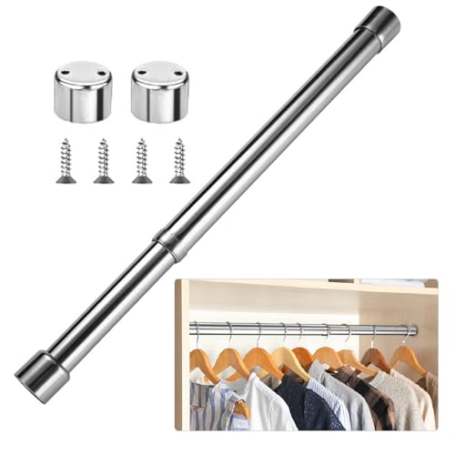 Extendable Clothes Rail,31-51cm Extendable Wardrobe Rail Adjustable Stainless Steel Wardrobe Rod with End Sockets and Screws Adjustable Wardrobe Rail for Wardrobe, Shower, Balcony, Windows
