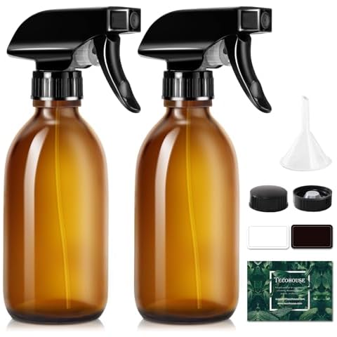 Tecohouse Glass Spray Bottles 8oz, Amber Hair Spray Bottles, 2 Pack Empty Refillable Sprayer Container with Labels, Funnel, Lids, Graduated Pipettes - Handheld Size Cover
