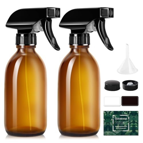 Tecohouse Glass Spray Bottles 8oz Amber Hair Spray Bottles 2 Pack Empty Refillable Sprayer Container with Labels Funnel Lids Graduated Pipettes - Handheld Size