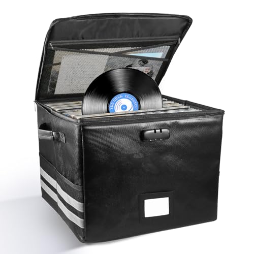 Bryzal Vinyl Record Storage Box with Lock, 12 Inch Fireproof Waterproof Vinyl Storage Case for Holds up to 100+ Single Records, Collapsible Portable Record Organizer for Collect Albums CDs Files