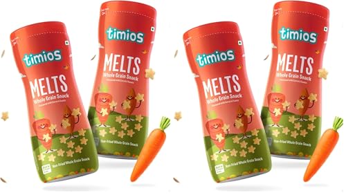 Image of Timios Melts Wholegrain Teething Puffs - Carrot & Cumin, Preservative‑Free, No Maida, Non-Fried, Iron & Fiber-Rich, Travel‑Friendly Snack, Healthy Snacks for Kids, 2x50 g (Pack of 2)