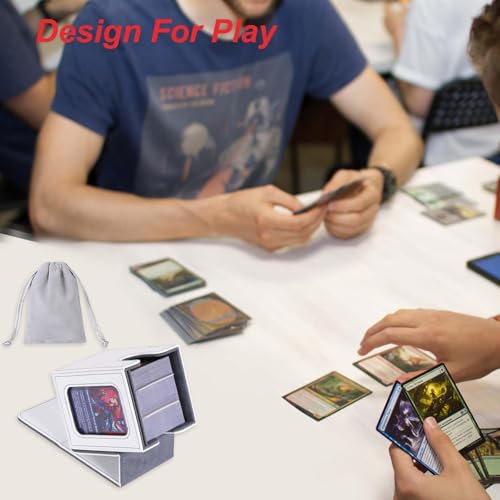 Image of AFIING MTG Deck Box for Commander Display,Card Deck Box Fits 100 Double Sleeved Cards, Magic Commander TCG Card Storage Box with 2 Dividers,Drawstring Bag and 1 Toploader(White /Grey)