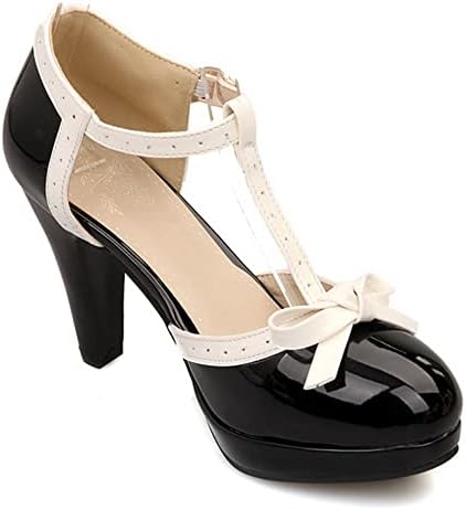 ForeMode Fashion Women T-Strap High Heels Bow Platform Round Toe Pumps Patent Leather Summer Sweet Shoes（Black，8）