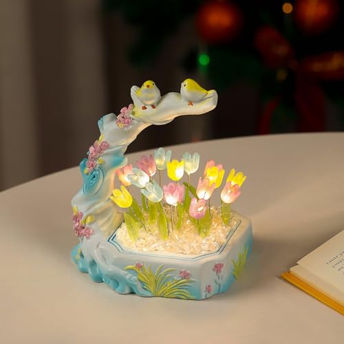 Handmade Tulip Flower Lamp for Womens Gifts, Resin Decorative and Bird, Best Christmas Anniversary Birthday Gifts, Perfect Ideal for Bedroom Ambiance Charming(Tulip)