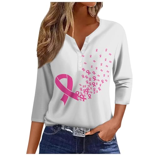 Tee shirt femme Octobre Rose à col V boutonné et motif imprimé