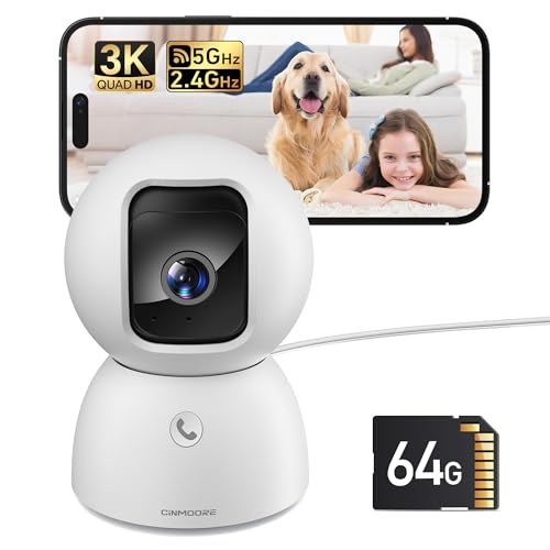 5MP Camera for Home Security, Free 64GB SD Card, Non-Subscription AI Human/Pet/Facial Detection, 3K Dog Cat Pet Camera with Phone APP, 360 Coverage, 2-Way Talk, IR Night Vision, 2.4G 5G Dual Band WiFi