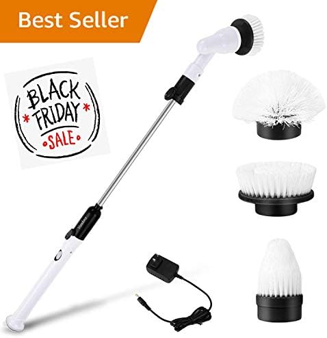 Electric Spin Scrubber, 360 Cordless Rechargeable Tub and Tile Scrubber with 3 Replaceable Cleaning Brush Heads, Extension Handle and Adapter for Bathroom, Kitchen, Floor, Tiled Wall