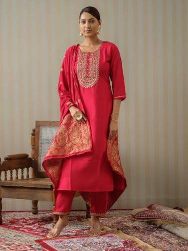 Image of Kaari Women's Embroidered Kurta Set with Pant & Dupatta | Ethnic Kurta Set for Women | Straight Fit | Round Neck | Festive, Wedding, Ceremony