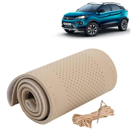 Image of KINGSWAY PU Leatherite Car Steering Cover Sewable Compatible with Tata Nexon EV (Year 2020-2023), Beige Color with Beige Thread, Pack of 1 with Sewing Needle and Thread