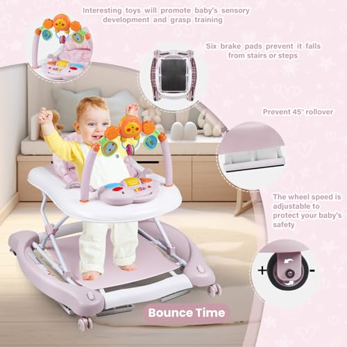 Image of Baby Walker, 5 in 1 Baby Walkers for Boys Girls 6-12 Months, Foldable Walkers for Babies with Bouncer & Feeding Tray, Music, Adjustable Heights, Activity Walker for Infant
